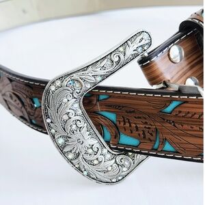 Brown and Turquoise Western Belt with Silver Buckle